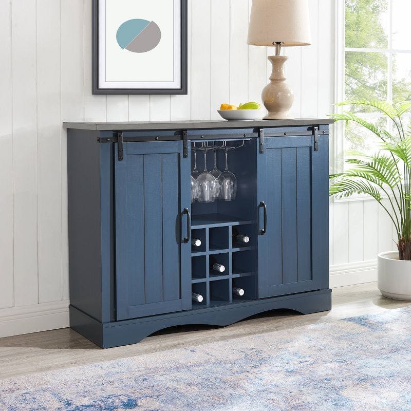 Navy Blue Rustic 47" Wood Bar Cabinet with Sliding Barn Door