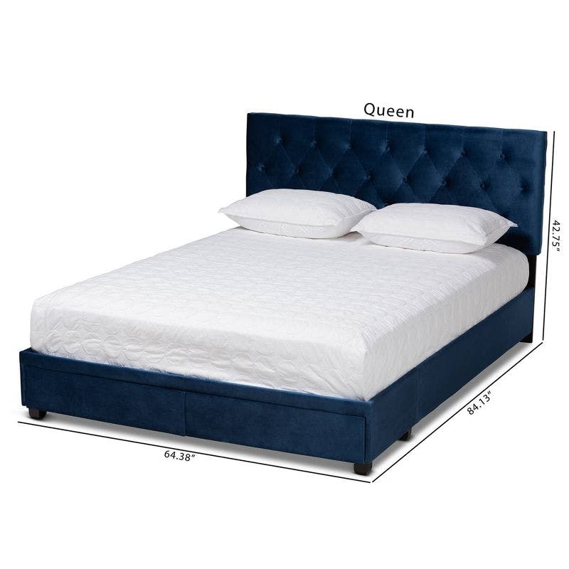Navy Blue Velvet Queen Storage Bed with Tufted Headboard