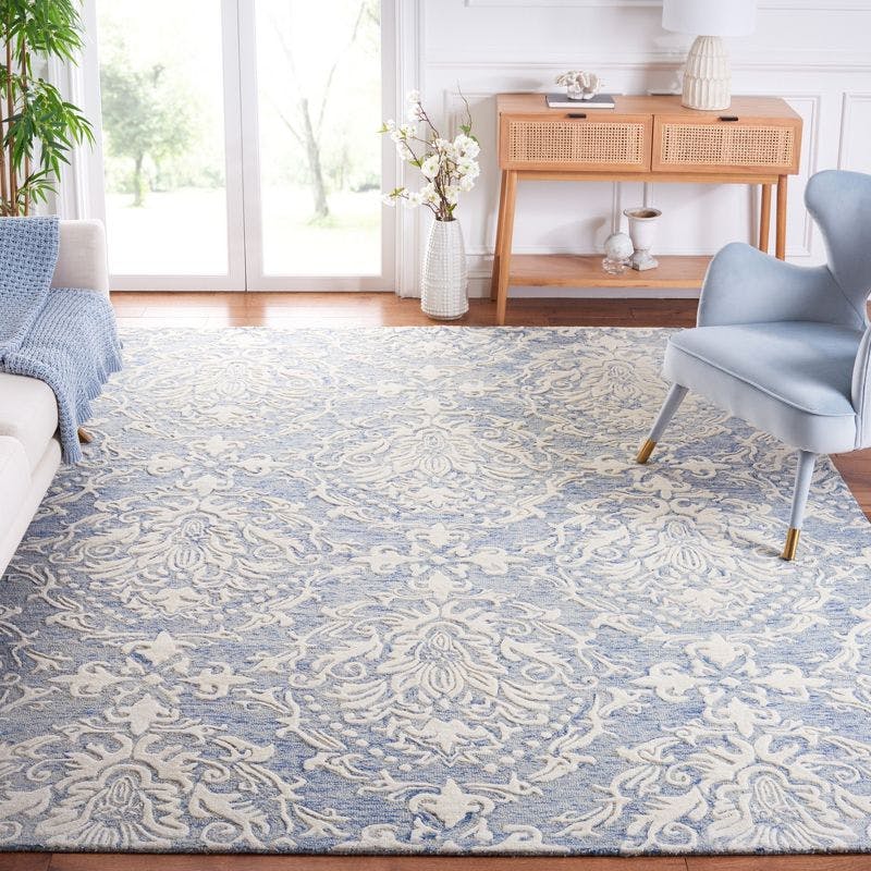 Handmade Blossom Blue/Ivory Wool 6' Square Floral Area Rug