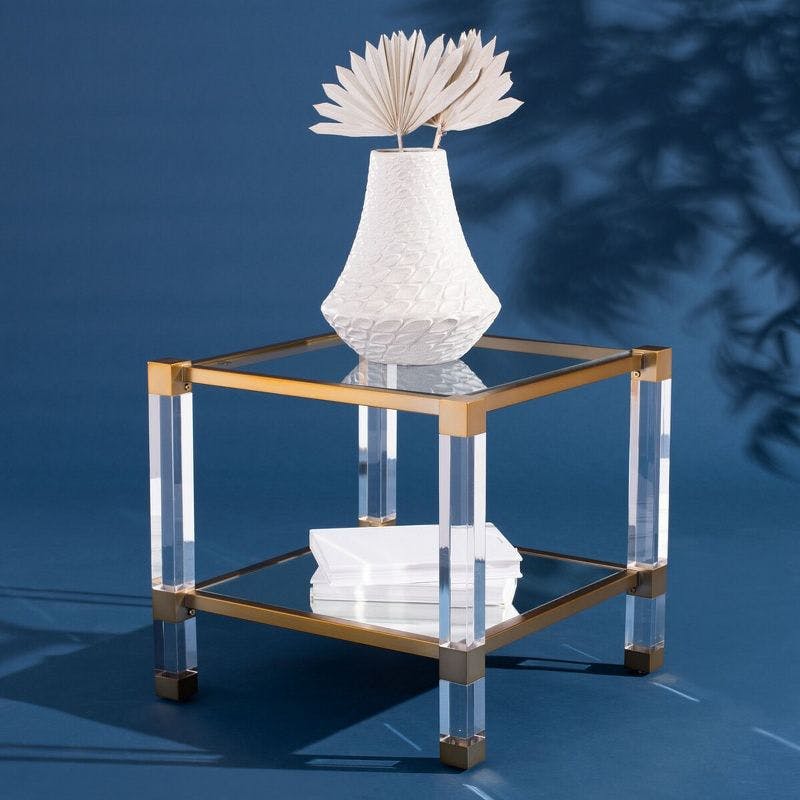 Elegant Transitional 24'' Gold Metal and Glass Square End Table