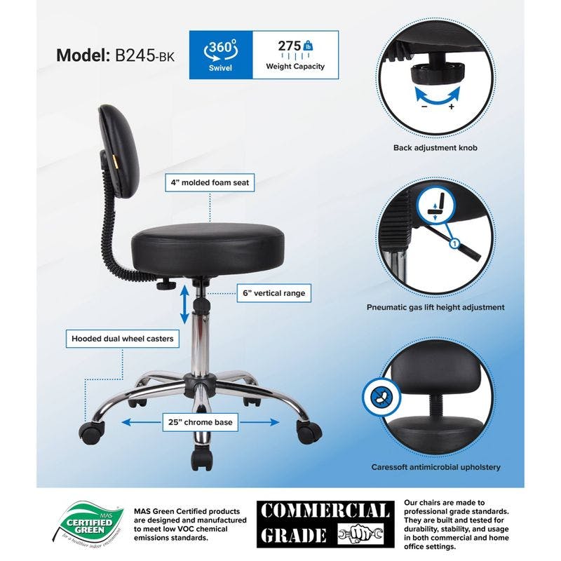 ErgoComfort Adjustable Black Vinyl Swivel Chair with Chrome Star Base