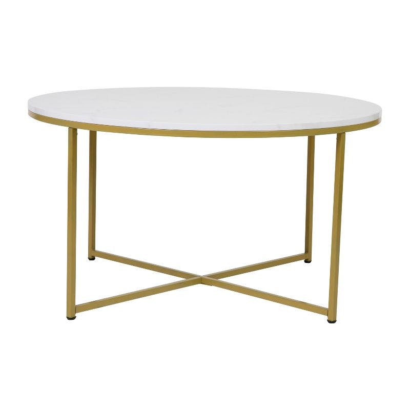 Elegant Round White Marble Coffee Table with Gold Crisscross Base