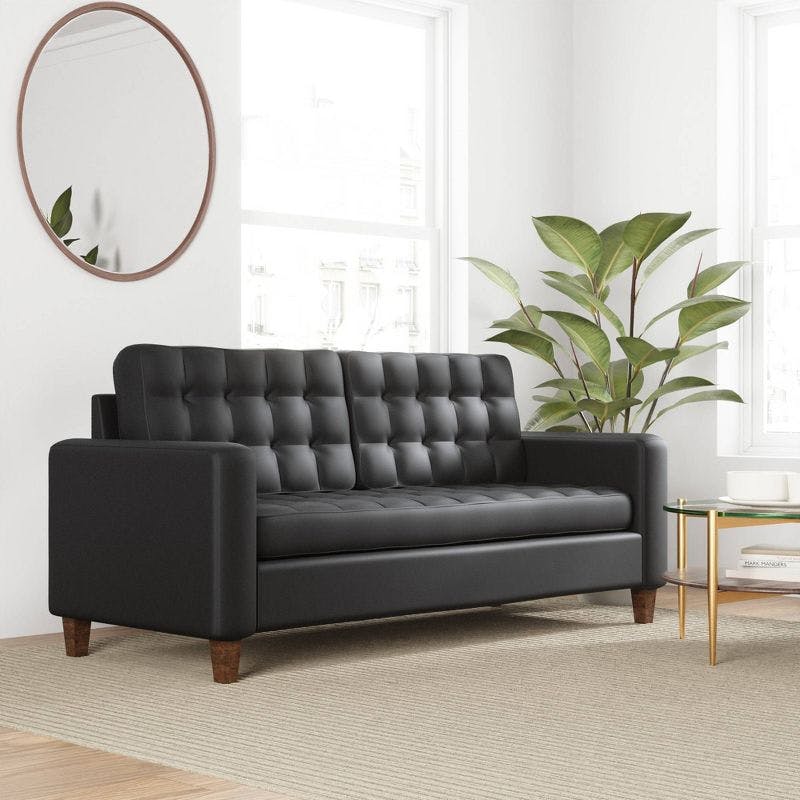 Elegant Lawson 66'' Black Faux Leather Sofa with Buttonless Tufting