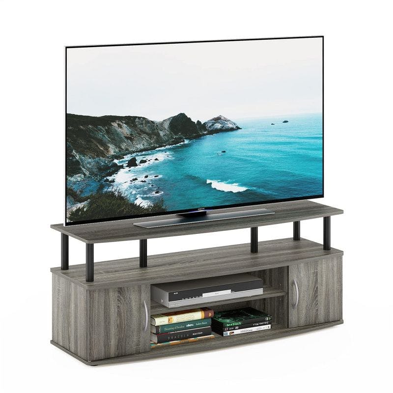 Modern French Oak Grey and Black 55" TV Stand with Open Shelving