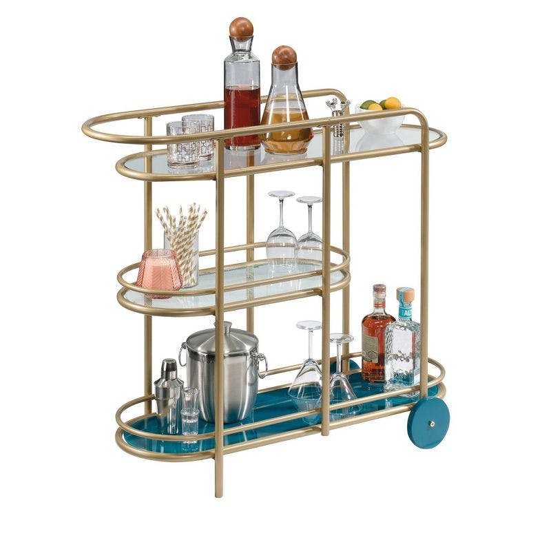 Satin Gold Coral Cape Bar Cart with Tempered Glass Shelves