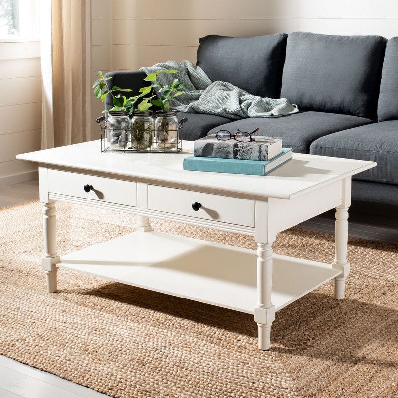Transitional Rectangular Pine Coffee Table with Storage - Distressed Cream