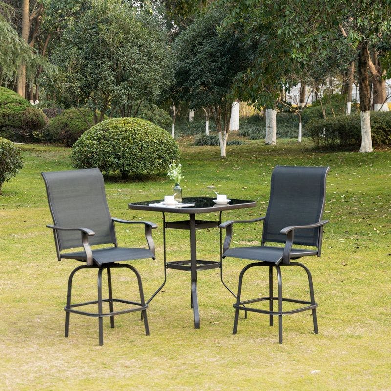 Café-Style Swivel Patio Bar Chair Set in Black Sling Fabric