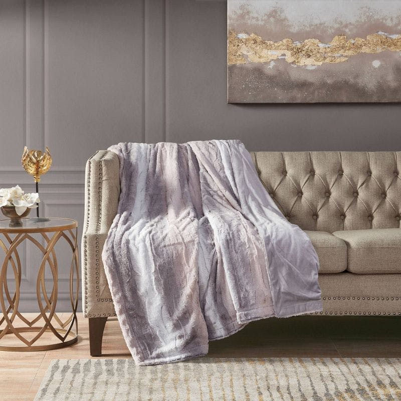 Luxurious Oversized Blush/Grey Faux Fur Throw Blanket 60"x70"