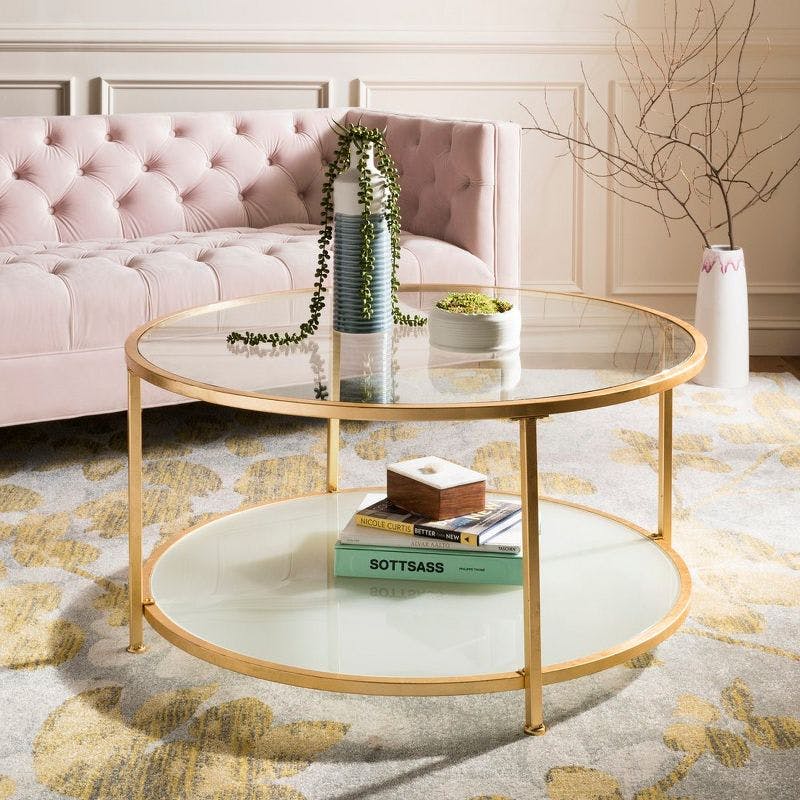 Elegant Transitional 38" Round Glass & Gold Metal Coffee Table