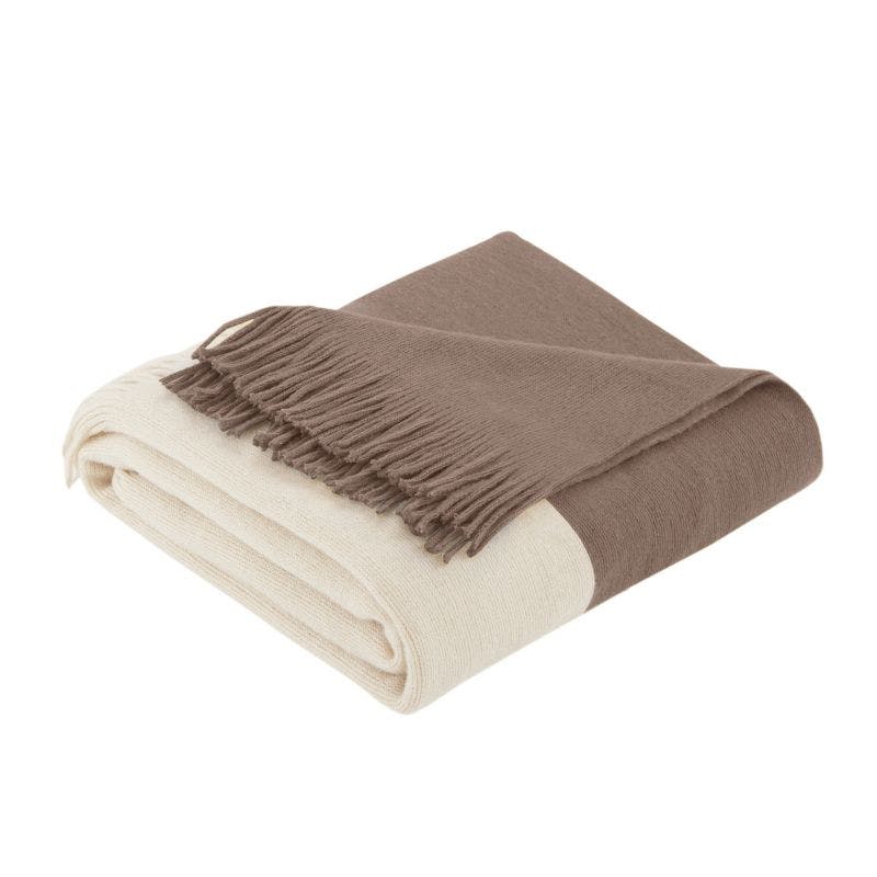 Halmstad Taupe Fringed Color Block Soft Wool Throw 60"x50"