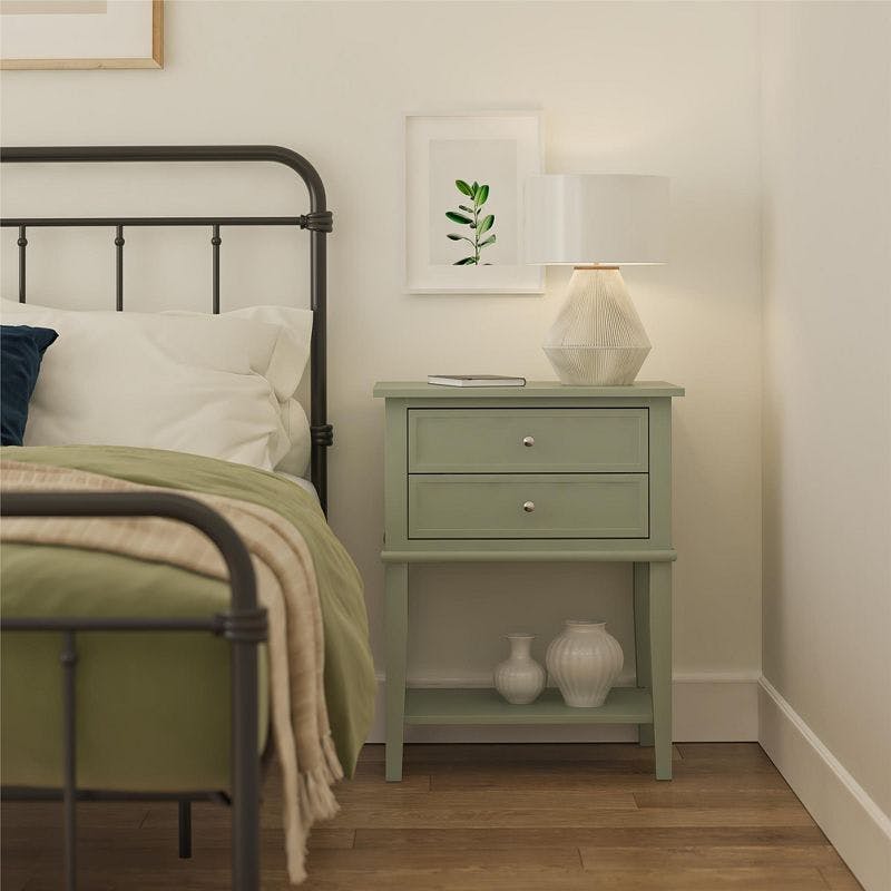 Franklin Pale Green Rectangular Nightstand with Dual Drawers and Shelf