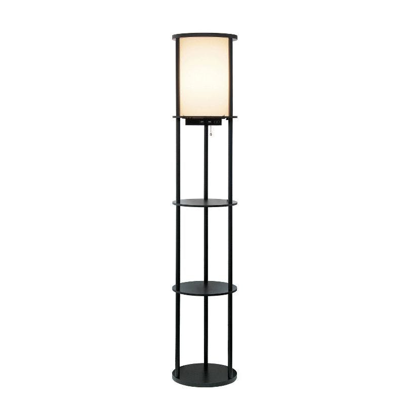 Elegant 62.5" Black Etagere Floor Lamp with USB Ports and Linen Shade