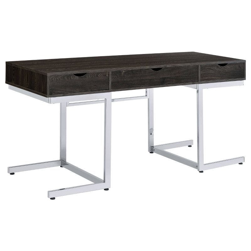 Chic Dark Oak 62" Contemporary Home Office Desk with Chrome Accents