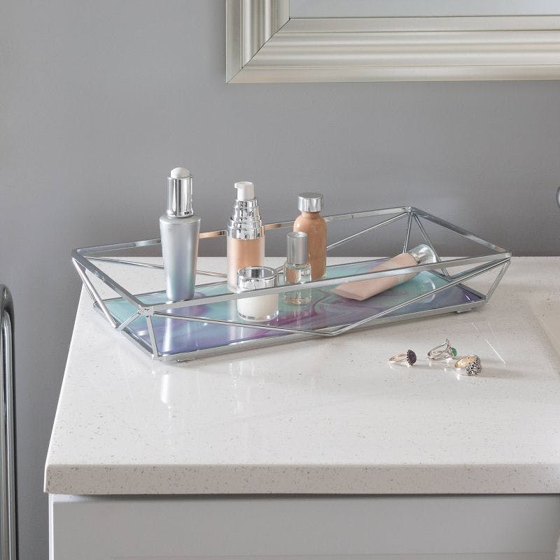 Elegant Metallic Chrome Geometric Vanity Tray with Tempered Glass Agate Design