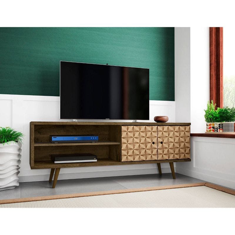 Rustic Brown Solid Wood 63" TV Stand with Cabinet and Shelves