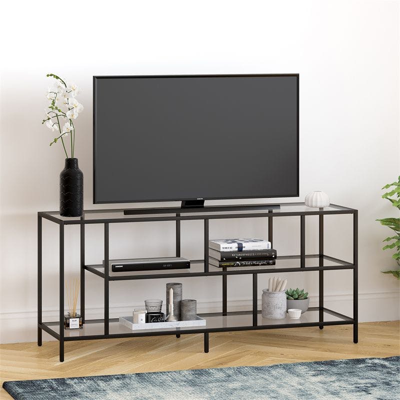 Wylan Streamlined 55'' Black Metal TV Stand with Glass Shelves