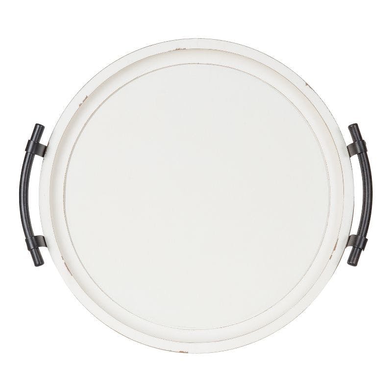 Rustic White 15" Wooden Round Serving Tray with Metal Handles
