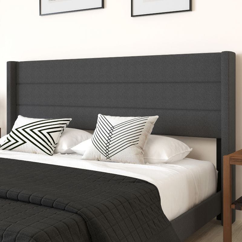 Charcoal Faux Linen King Platform Bed with Upholstered Wingback Headboard