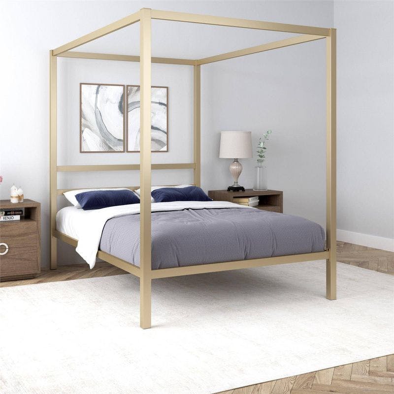 Elegant Gold Metal Canopy Bed with Built-in Headboard, Full