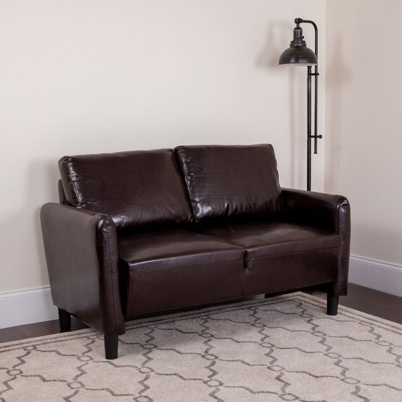 Elegant Brown Faux Leather Pillow-Top Loveseat with Wood Accents