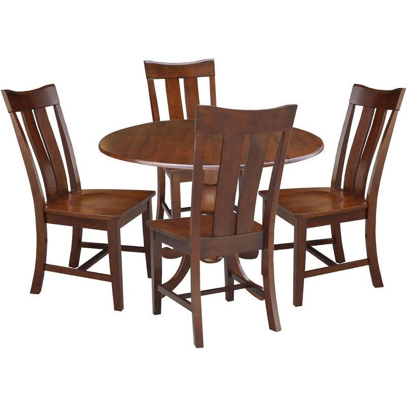 Espresso Solid Hardwood 42" Dual Drop Leaf Dining Set with 4 Splat Back Chairs