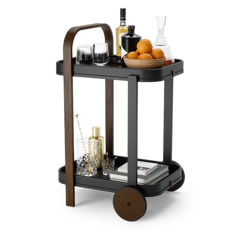 Modern Two-Toned Black/Walnut Wooden Bar/Storage Cart with Wheels