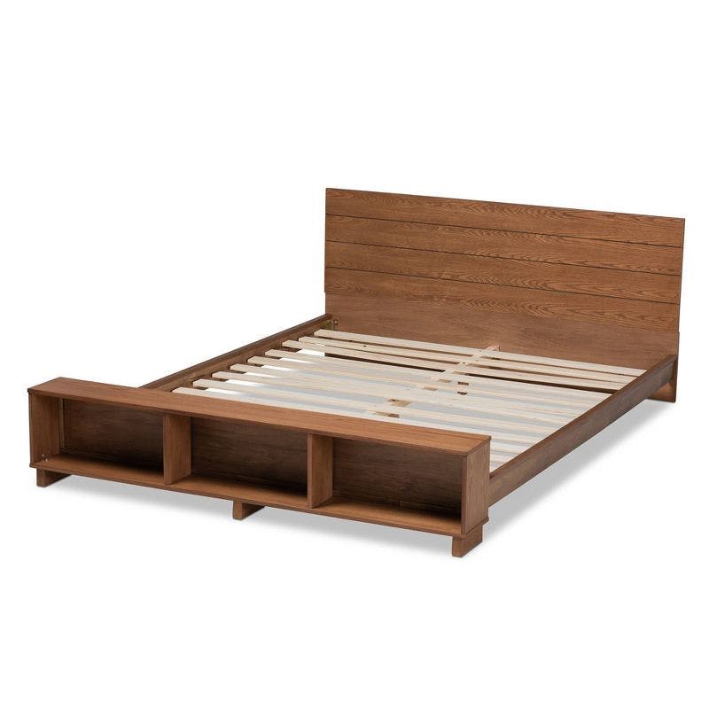 Ash Walnut Queen Storage Bed with Built-In Shelves and Paneled Headboard