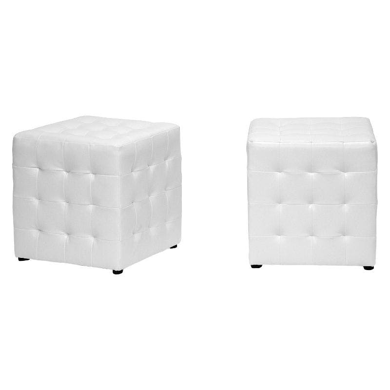 Chic White Faux Leather Tufted Cube Ottoman Pair