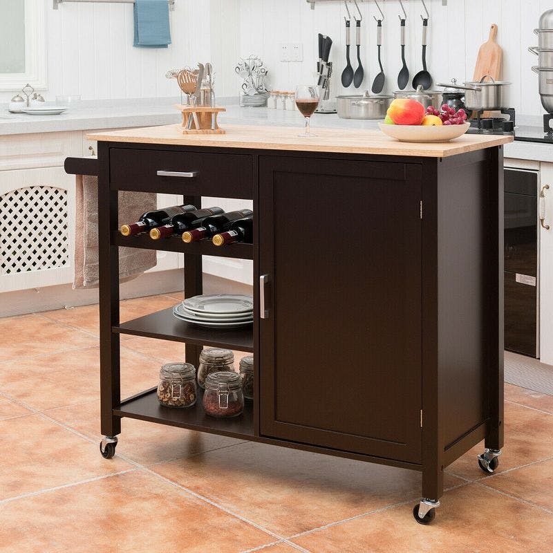 Elegant Pine and Rubberwood Kitchen Cart with Wine Rack and Storage