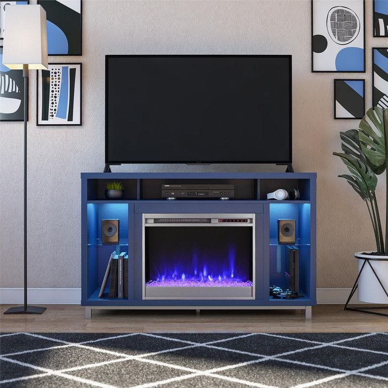 Navy Blue 55'' Modern Electric Fireplace TV Stand with LED Lights