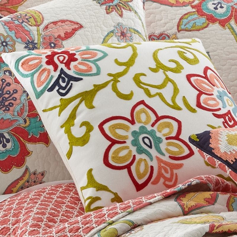 Clementine Vibrant Embroidered Floral Square Pillow 18x18in