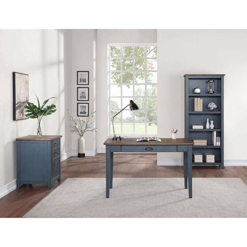 Transitional Blue-Brown Home Office Desk with Drawer & Power Outlet