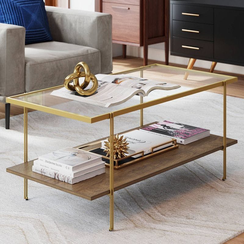 Asher Mid-Century Gold & Oak 43.9" Coffee Table with Glass Shelf