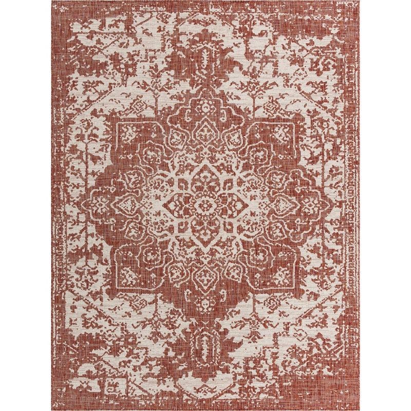 Rust Red and Ivory Geometric Outdoor Rug, 9' x 12', Easy Care