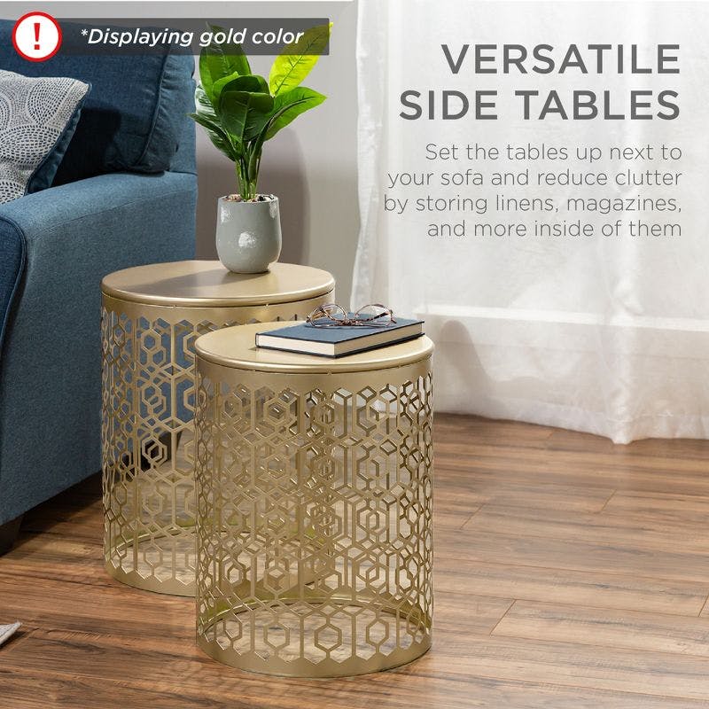 Elegant Gold Satin Round Metal Nesting Side Tables, Set of 2