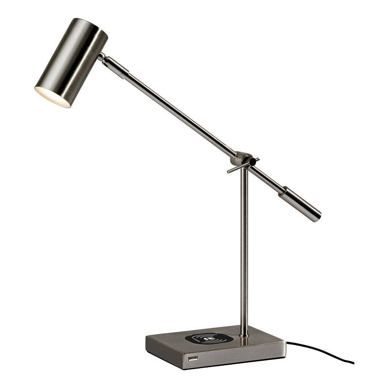 Flemings Brushed Steel Adjustable LED Desk Lamp with USB & Qi Charging