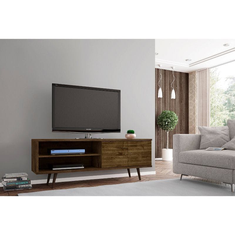 Rustic Brown Mid-Century Modern TV Stand with Concealed Storage