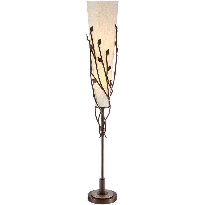 Bronze Torchiere Floor Lamp with Linen Shade and Vine Detail