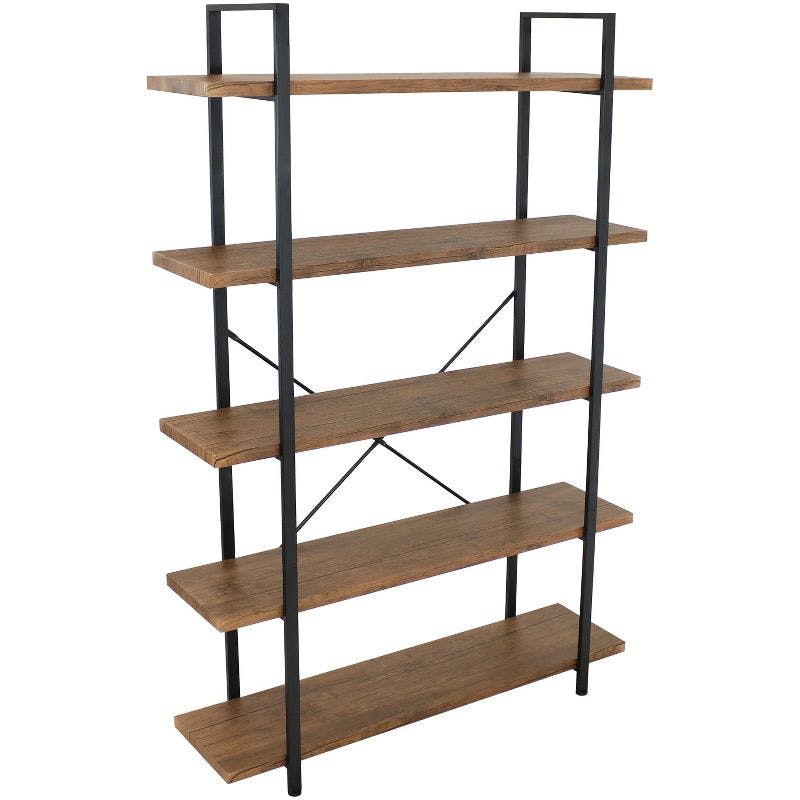 Adjustable Teak Veneer 5-Tier Freestanding Industrial Bookshelf
