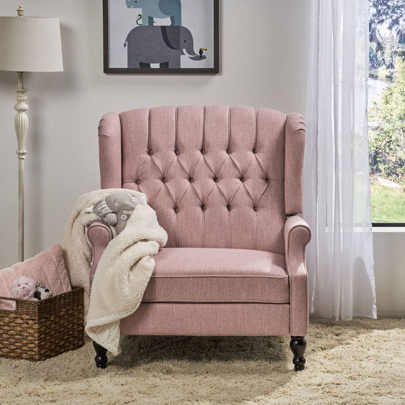 Blush Harmony Oversized Tufted Wingback Recliner in Dark Brown Wood