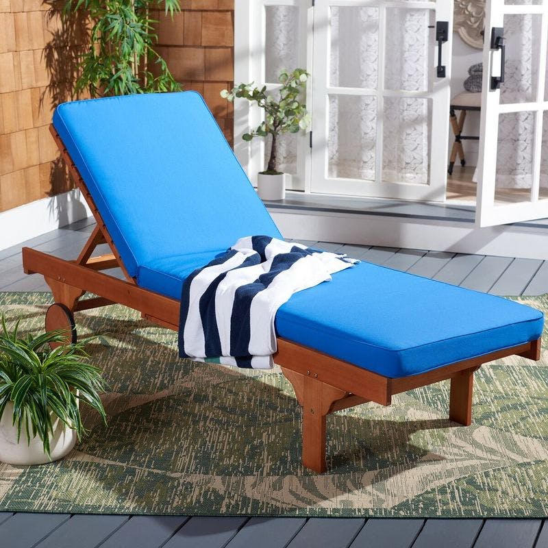 Eucalyptus Wood Newport Chaise Lounge with Royal Blue Cushion and Side Table