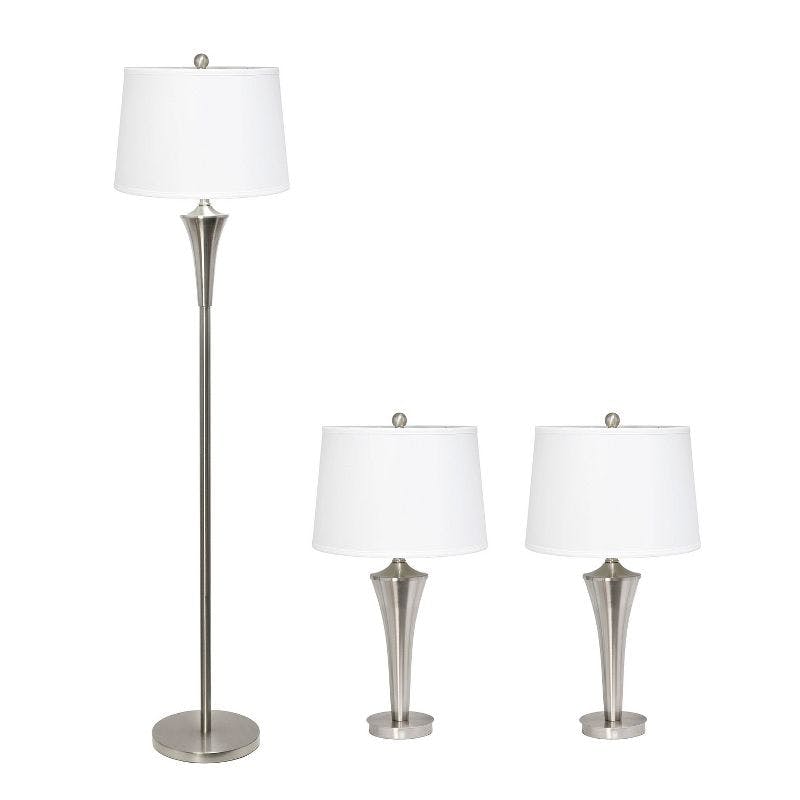 Sleek Modern Brushed Nickel 3-Piece Lamp Set with White Shades