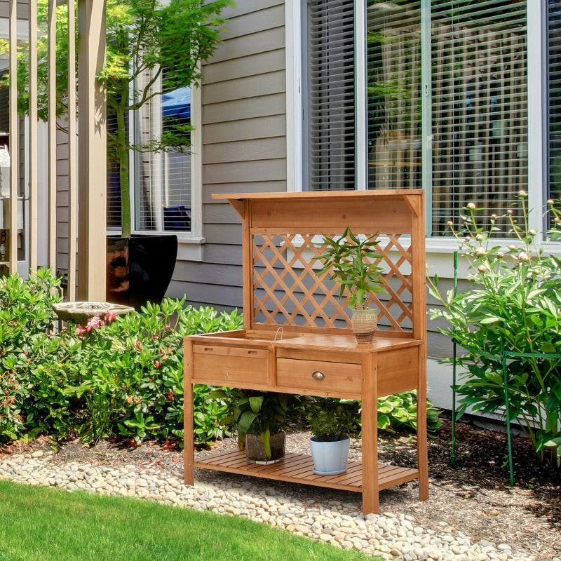 Natural Solid Wood Outdoor Potting Bench with Metal Screen and Storage