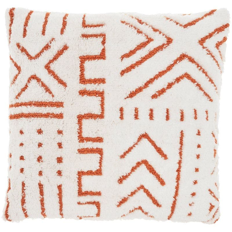 Boho Chic Orange Geometric Tufted 20" Square Throw Pillow