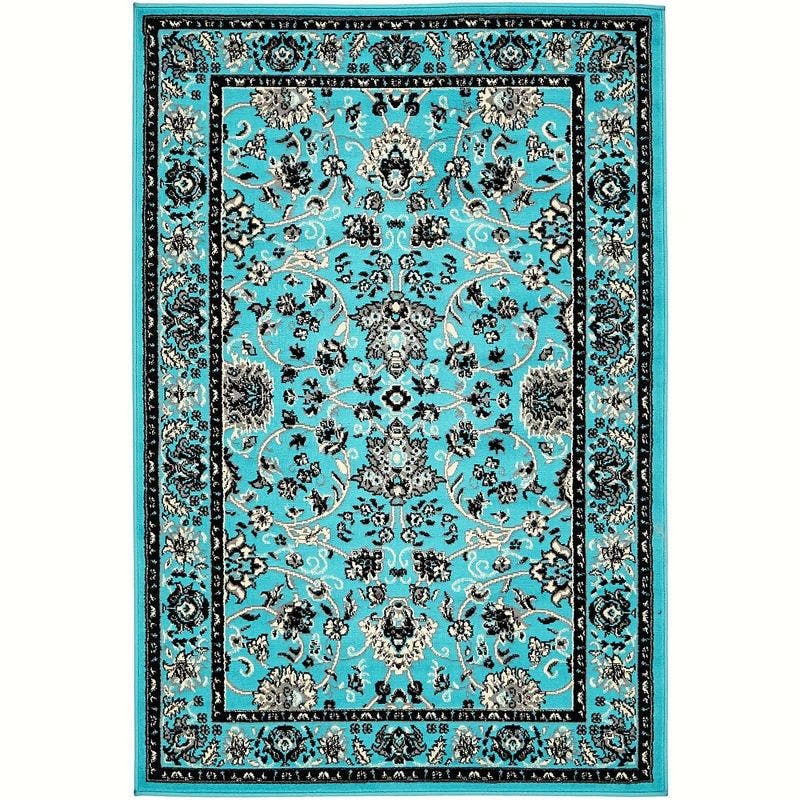 Turquoise and Ivory Synthetic 4' x 6' Easy-Care Rectangular Rug