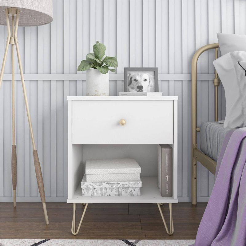 Finley Mid-Century Modern White and Gold 1-Drawer Nightstand