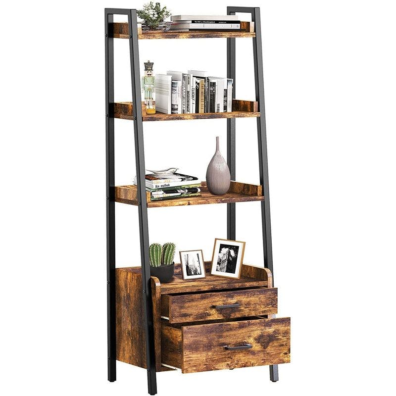Rustic Brown Ladder Bookcase with Metal Frame and 2 Drawers