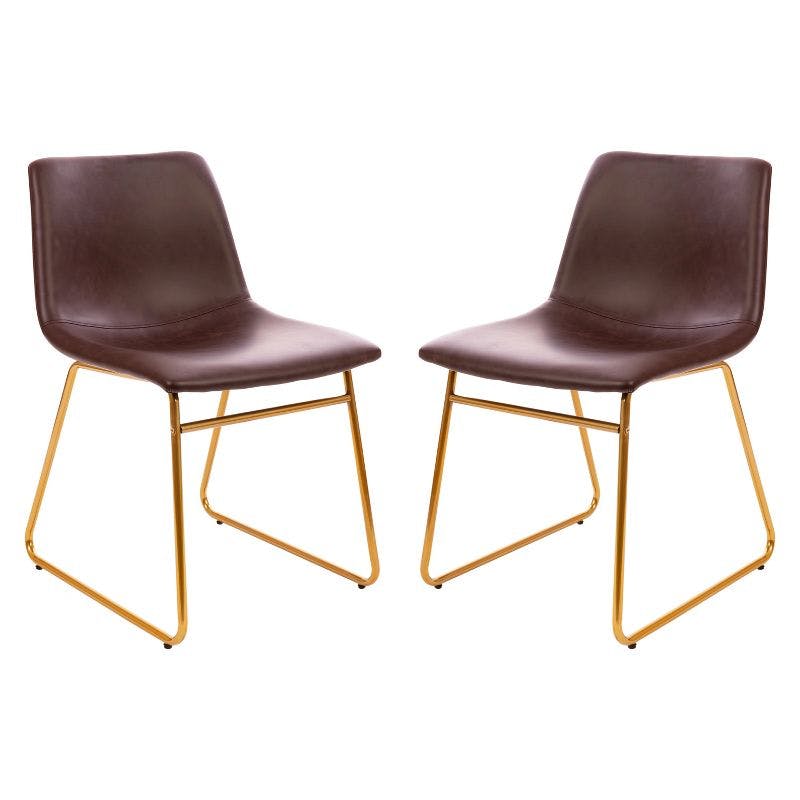Elegant Dark Brown LeatherSoft Side Chair with Sleek Gold Base, Set of 2