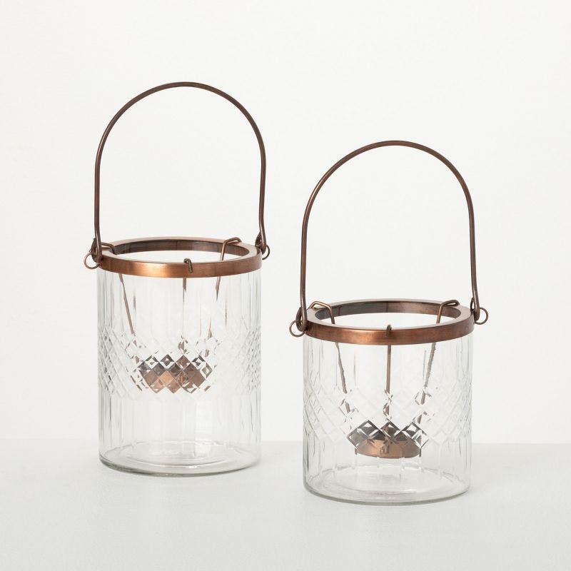 Chiseled Clear Glass Hurricane Duo with Wire Tealight Holders