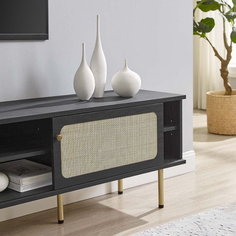 Cambria 70'' Black Rattan & Particleboard TV Stand with Cabinet